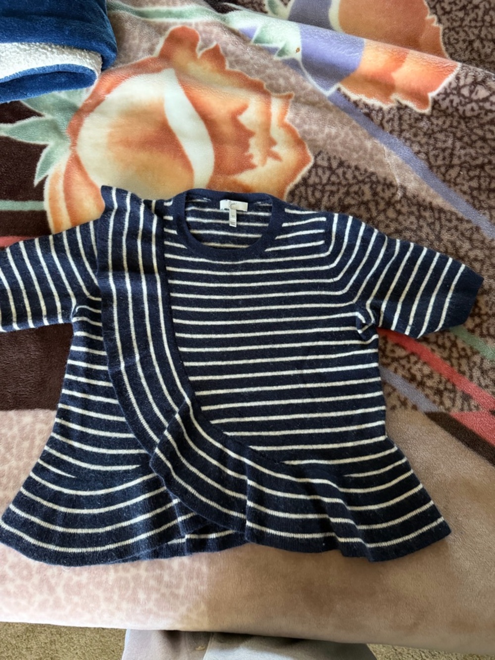 Joie Navy and White Striped Knit Peplum Sweater